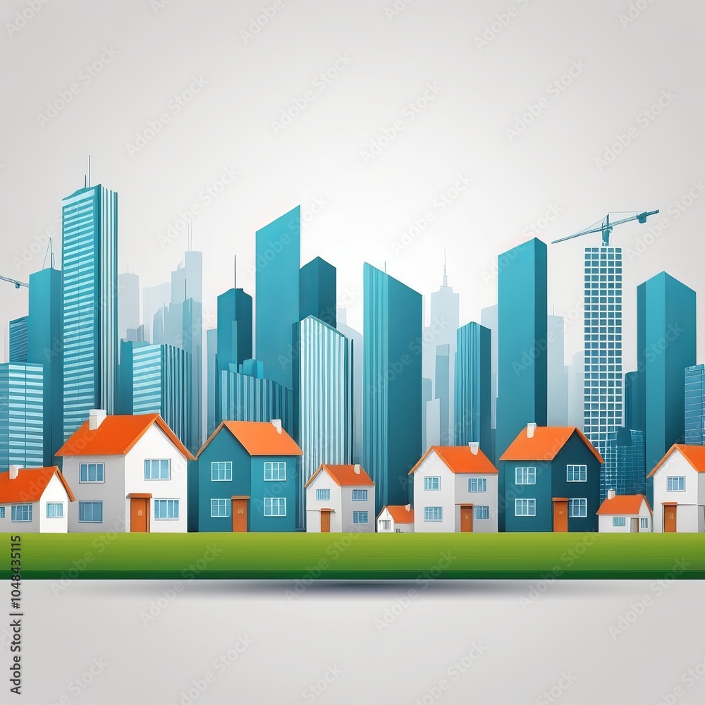 Obraz premium Modern Cityscape with Suburban Homes in the Foreground