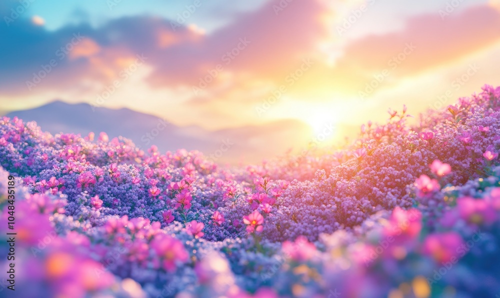 A field of purple flowers with a bright sun in the background A field of purple flowers with a bright sun in the background