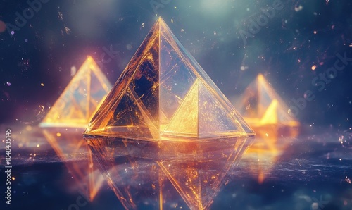 Three pyramid shaped glass objects are reflected in the water