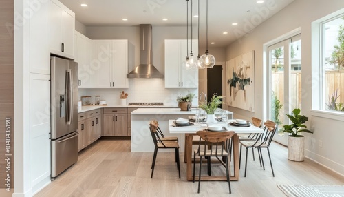 Streamlined kitchen with ashwood cabinets, white walls, and stainless fixtures, dining included. photo