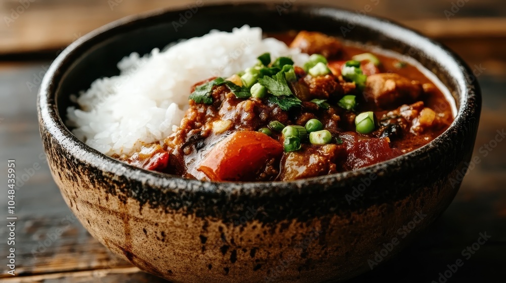 A mouth-watering bowl of spicy curry paired with fluffy rice, garnished with fresh green herbs, invoking feelings of warmth, comfort, and satisfaction as cuisine art. A mouth-watering bowl of spicy curry paired with fluffy rice, garnished with fresh green herbs, invoking feelings of warmth, comfort, and satisfaction as cuisine art.
