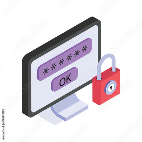 Secure password entry on screen, authentication and access control isometric icon