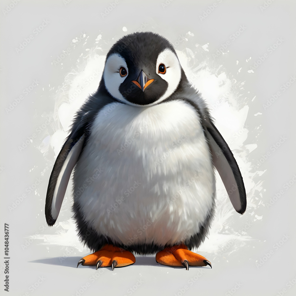 Fototapeta premium an adorable baby penguin with soft, fluffy fur, orange feet, and big, expressive eyes