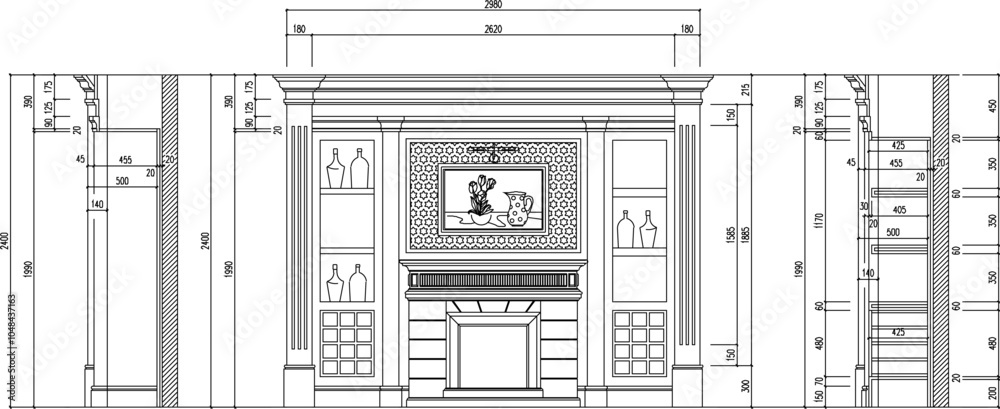 Vector sketch, illustration, silhouette, architectural engineering drawing, interior backdrop, classic vintage room Vector sketch, illustration, silhouette, architectural engineering drawing, interior backdrop, classic vintage room