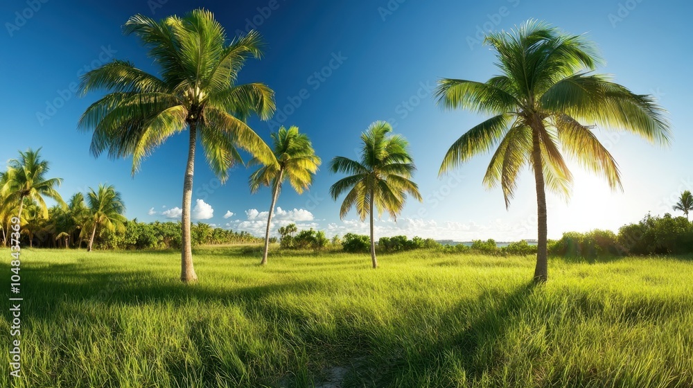 Vibrant palm trees standing tall in a meadow of lush green grass under a clear blue sky, depicting a serene and picturesque tropical landscape. Vibrant palm trees standing tall in a meadow of lush green grass under a clear blue sky, depicting a serene and picturesque tropical landscape.