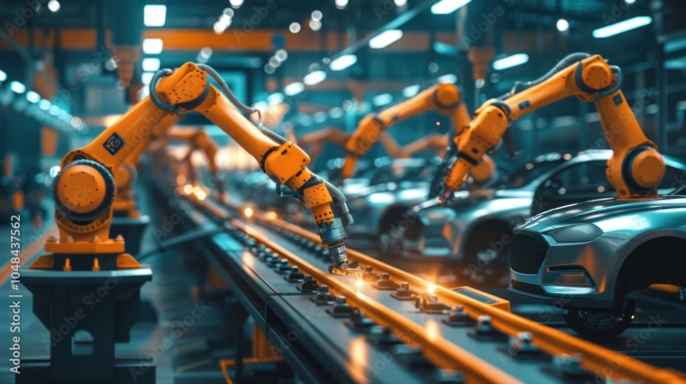 Industrial Robots Assembling Cars on a Production Line Industrial Robots Assembling Cars on a Production Line