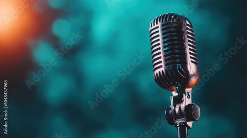 A classic vintage microphone stands out against a colorful bokeh background, creating a nostalgic yet lively atmosphere in this artistic composition. photo