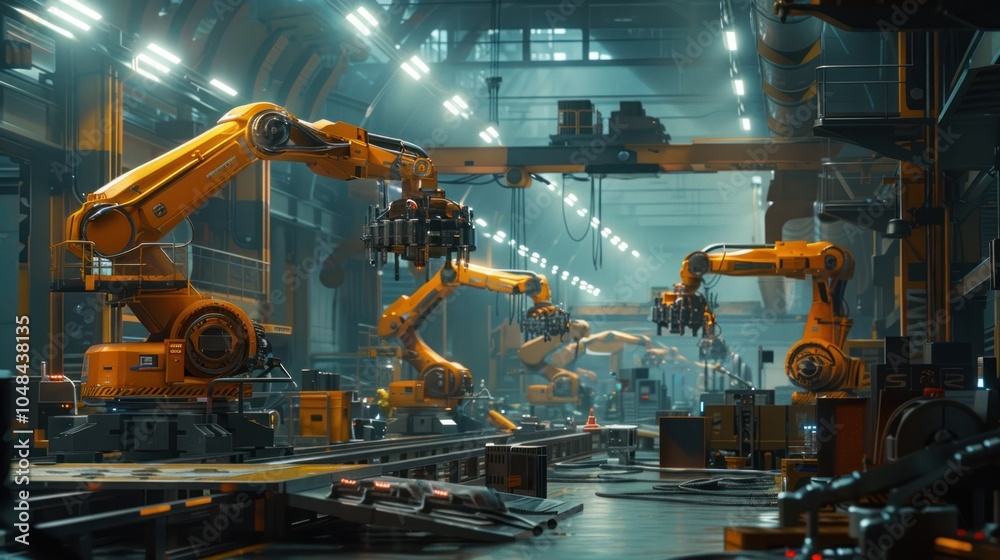 A Row of Automated Robotic Arms in a Futuristic Factory Setting A Row of Automated Robotic Arms in a Futuristic Factory Setting