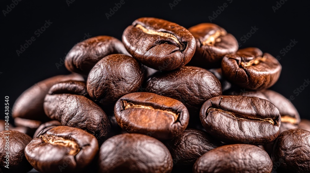 An immersive close-up capturing a detailed view of roasted coffee beans, piled high, showcasing their rich color and inviting texture against a black background. An immersive close-up capturing a detailed view of roasted coffee beans, piled high, showcasing their rich color and inviting texture against a black background.