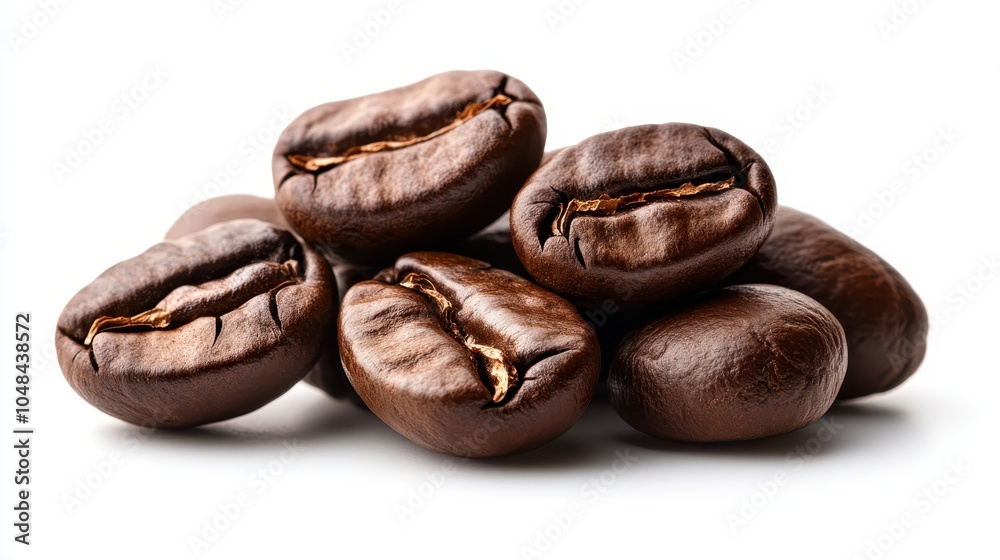 This image features a small pile of glossy roasted coffee beans against a white backdrop, emphasizing their rich aroma and texture for product or cafe marketing. This image features a small pile of glossy roasted coffee beans against a white backdrop, emphasizing their rich aroma and texture for product or cafe marketing.