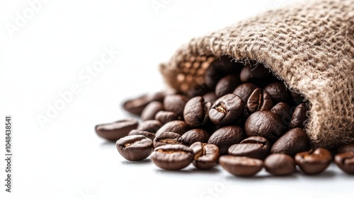 A cozy image depicting a sack spilling rich roasted coffee beans onto a pristine white background, highlighting the beans' texture and inviting aroma.