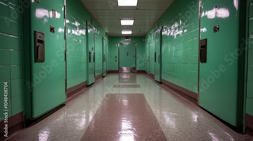 An institutional hallway featuring a polished floor and numerous exits, each door matching the sterile, hospital-like design, typical of a pragmatic facility. photo