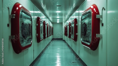 A futuristic corridor featuring symmetric design with vibrant red metal hatches on either side, creating a striking contrast against a sterile environment. photo