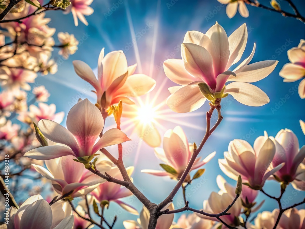 Beautiful Star Magnolias Illuminated by Warm Light in Springtime Bloom Against a Soft Blue Backdrop for Stunning Portrait Photography Beautiful Star Magnolias Illuminated by Warm Light in Springtime Bloom Against a Soft Blue Backdrop for Stunning Portrait Photography