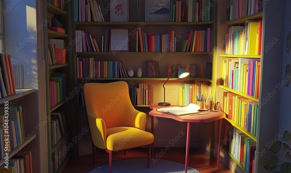 Cozy reading nook with bookshelves and yellow armchair.