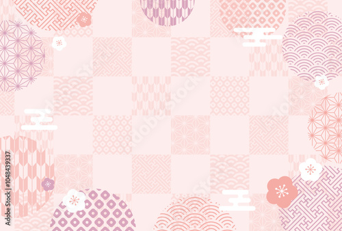 かわいい  梅と和柄の正月 年賀状 背景 2026年