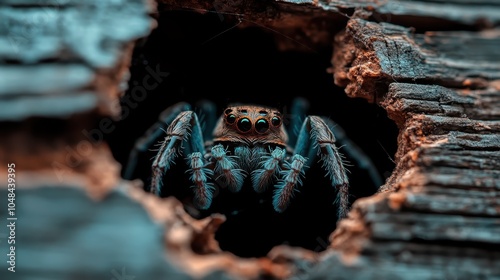 A curious spider peers out from a dark wooden crevice, capturing a dramatic contrast with light, igniting a sense of intrigue and discovery in the observer. photo