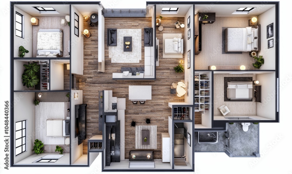 Top-down view of a modern apartment layout. Top-down view of a modern apartment layout.