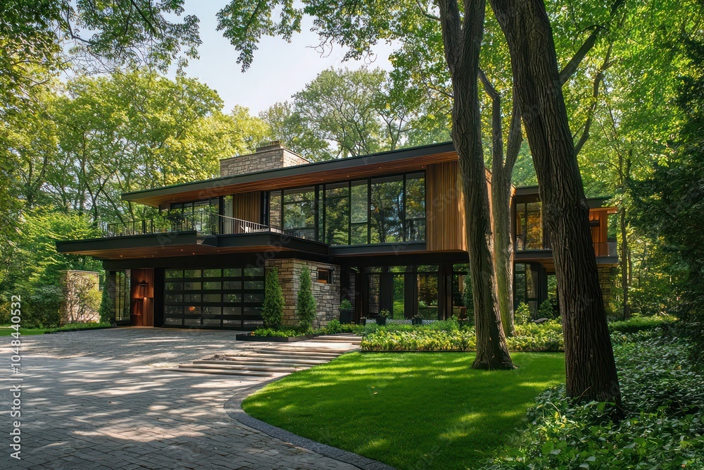 Part of an architectural series, a residence is framed beautifully by mature trees. Part of an architectural series, a residence is framed beautifully by mature trees.