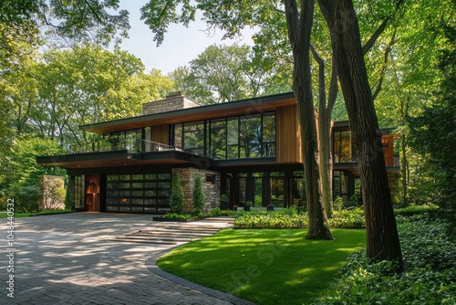 Part of an architectural series, a residence is framed beautifully by mature trees.