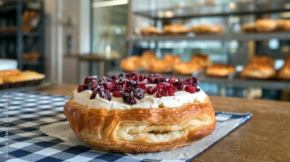 Delicious Danish pastry topped with whipped cream and dried cranberries, set on a bakery table, perfect for culinary visuals. Delicious Danish pastry topped with whipped cream and dried cranberries, set on a bakery table, perfect for culinary visuals.