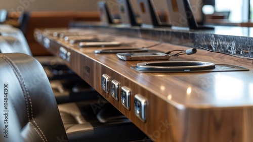 Row of empty desks with built in wireless chargers and power outlets, providing a convenient workspace for professionals