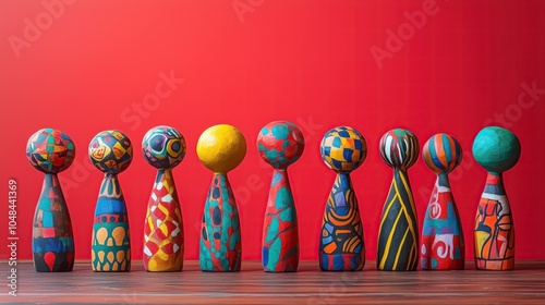 Vibrant polymer figures showcasing individuality arranged on a wooden table against a red backdrop photo