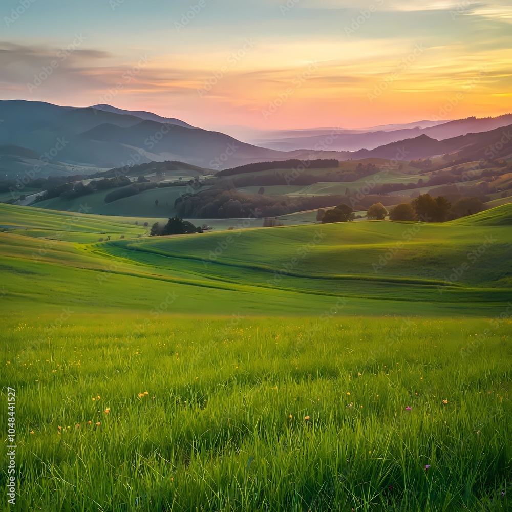 green field in countryside at sunset in the evening light. beautiful spring landscape in the mountains. grassy field and hills. rural scenery green field in countryside at sunset in the evening light. beautiful spring landscape in the mountains. grassy field and hills. rural scenery