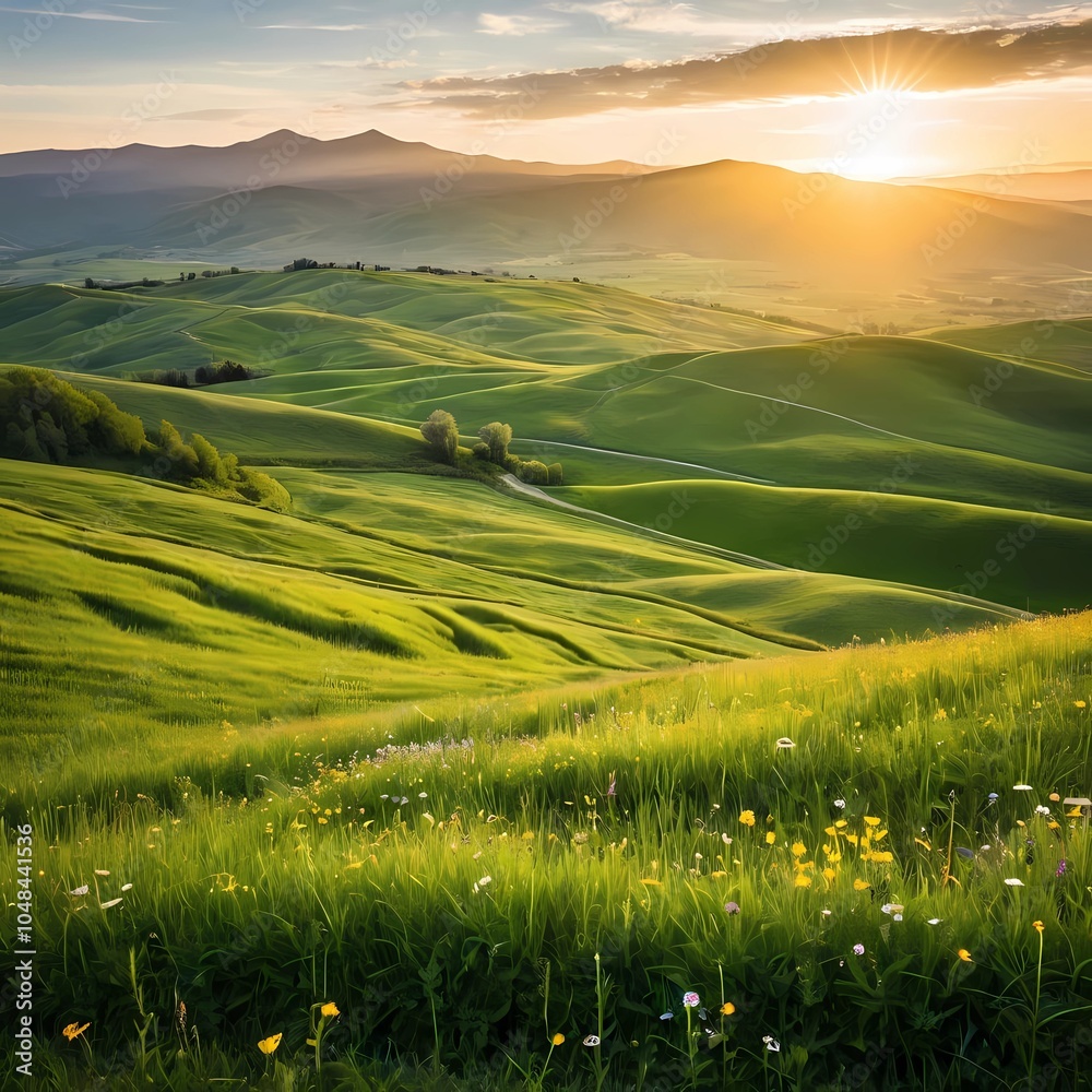 Obraz premium green field in countryside at sunset in the evening light. beautiful spring landscape in the mountains. grassy field and hills. rural scenery