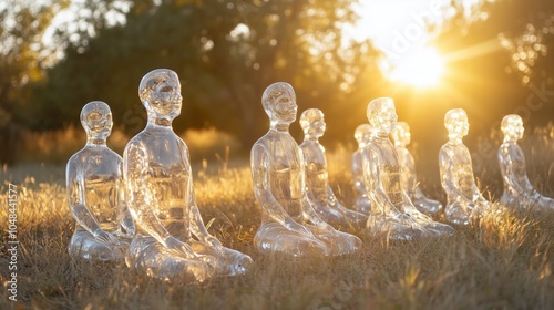 Glass sculptures reflecting individuality and community in a sunlit meadow at sunset photo