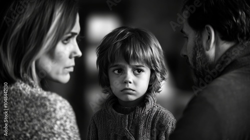 Child's Heartbreak, A despondent child stands alone as parents face away, embodying the emotional toll of divorce on family dynamics.