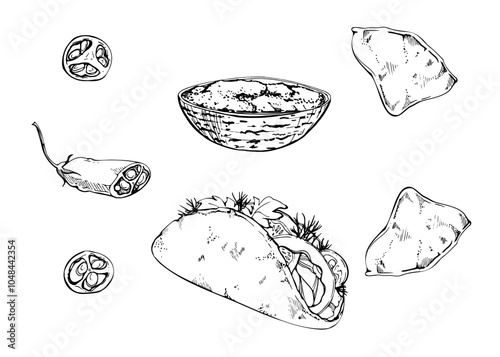 Street food tortilla pita gyros taco, sliced chili pepper, nacho chips, guacamole salsa sauce. Hand drawn ink vector isolated illustration set. Design travel brochure, restaurant bar menu, recipe book