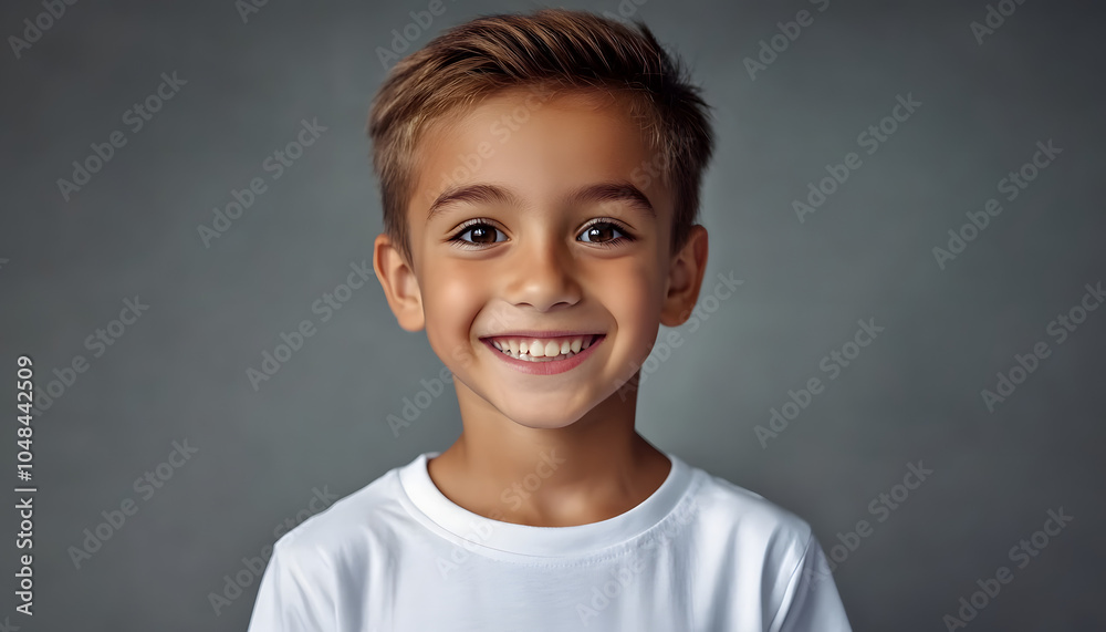 a young boy wearing a white t - shirt smiles at the camera with a smile on his face as he stands in front of a gray background with a gray backdrop. a young boy wearing a white t - shirt smiles at the camera with a smile on his face as he stands in front of a gray background with a gray backdrop.