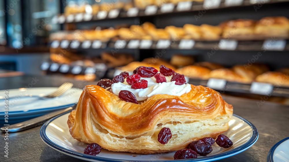 Delicious Danish pastry topped with whipped cream and dried cranberries, set on a bakery table, perfect for culinary visuals. 