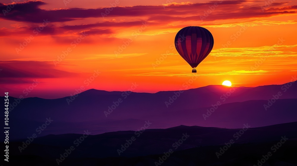 Fototapeta premium A single hot air balloon silhouetted against a dramatic sunset, with the sky painted in deep orange and purple hues above the rolling hills
