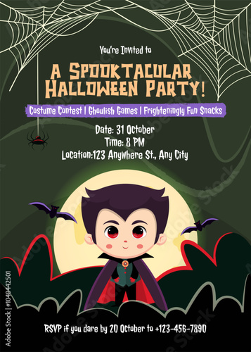 Cute Halloween vampire boy. Kawaii illustrative Halloween party invitation template. Kid wearing Halloween costume invite.