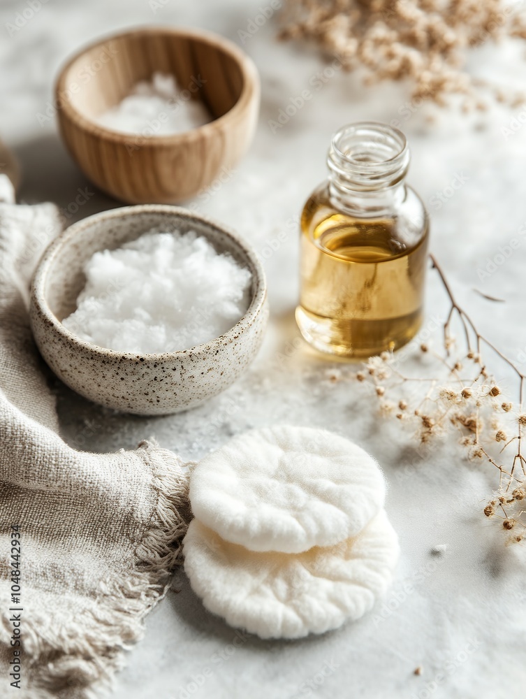 A selection of natural skincare products including oil and cotton pads, arranged in a calming setting A selection of natural skincare products including oil and cotton pads, arranged in a calming setting