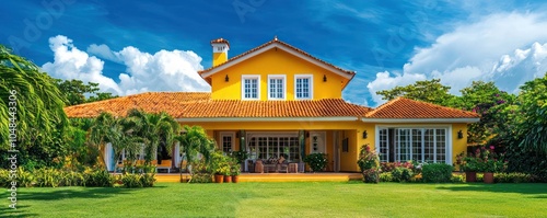 Luxurious home painted yellow, nestled in greenery with a clear blue sky.
