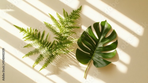 Two Ferns and a Monstera Leaf in Sunlight photo