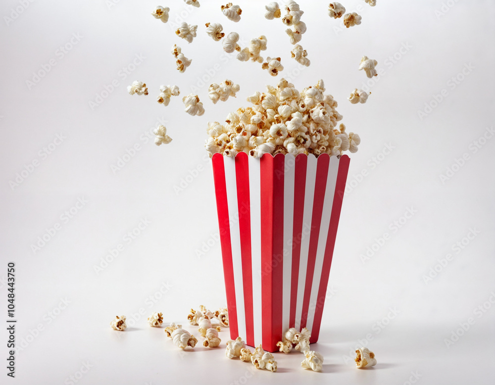 Popcorn flying out of red white striped paper box isolated on white background with copy space. Splash, levitation of popcorn grains. Popcorn flying out of red white striped paper box isolated on white background with copy space. Splash, levitation of popcorn grains.