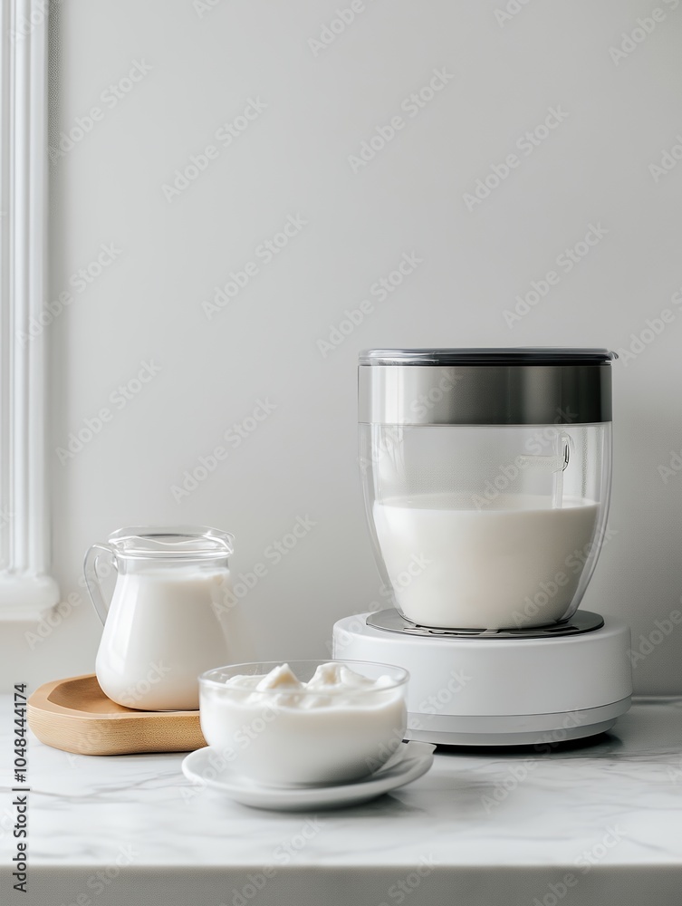 A modern yogurt maker with fresh dairy products, offering a minimalist design with copy space for text A modern yogurt maker with fresh dairy products, offering a minimalist design with copy space for text