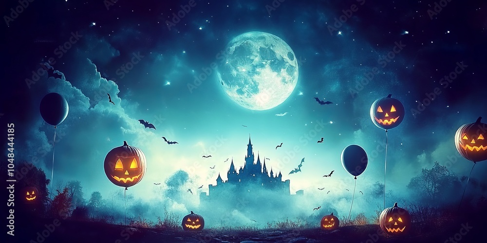 Naklejka premium A spooky Halloween sale poster featuring pumpkins, ghost balloons, and a castle silhouette against a moonlit sky. This design is perfect for a website banner or online promotion.