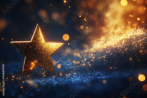 Elegant star shape with gold glitter on a blue background and bokeh effect
