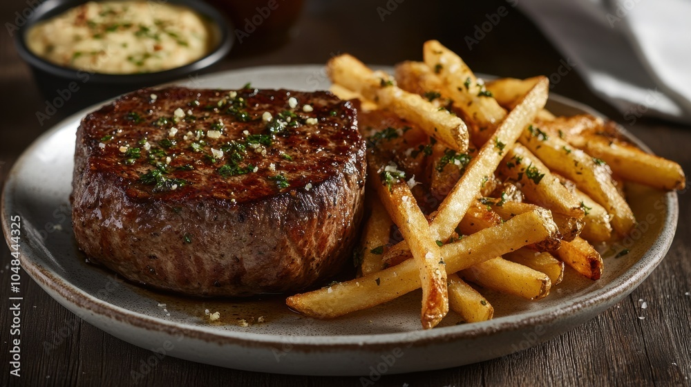 Juicy Steak Dinner with Crispy Fries and Savory Sauce Juicy Steak Dinner with Crispy Fries and Savory Sauce