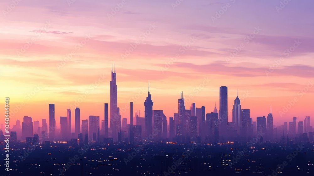 A soft pastel-colored sky at dawn, with the silhouette of a modern city skyline rising from the shadows as the first light of day breaks A soft pastel-colored sky at dawn, with the silhouette of a modern city skyline rising from the shadows as the first light of day breaks