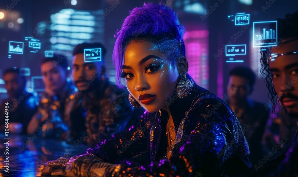 Fototapeta premium Cyberpunk woman with purple hair posing.