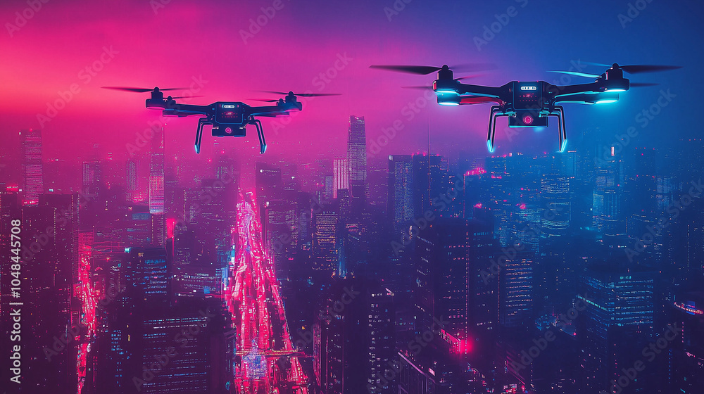Futuristic City Skyline: Autonomous Drones Delivering Packages Amid Neon Lights, Creating a Tech-Utopia Atmosphere Futuristic City Skyline: Autonomous Drones Delivering Packages Amid Neon Lights, Creating a Tech-Utopia Atmosphere