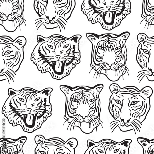 seamless pattern with tiger head in doodle style in vector. element for decor postcard poster design print wallpaper wrapping background textile