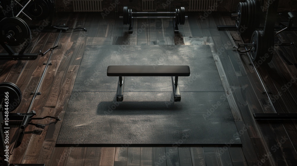 Black Weight Bench in a Dark, Rustic Gym Black Weight Bench in a Dark, Rustic Gym