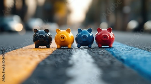 A vibrant shot of four piggy banks in black, yellow, blue, and red aligned on a road with blurred cars in the background, symbolizing financial diversity. photo